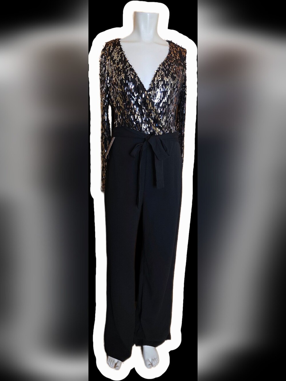 Suzy Shier Black and Silver Sequin Wrap Jumpsuit